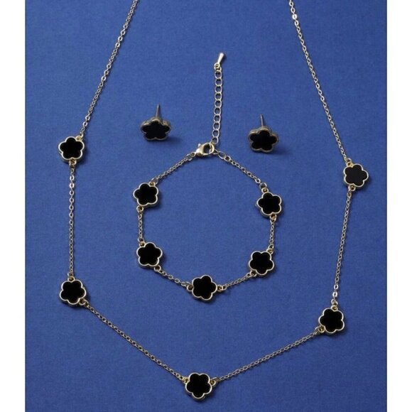 Gold Plated Black Clover Earrings Stainless Steel Floral Unisex Mens Womens - Picture 2 of 9